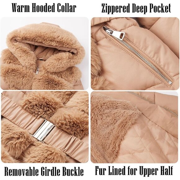 Puffer Jacket Women Winter Fur Lined Apricot Coat Long Fur Collar Warm Overcoat - Picture 4 of 5